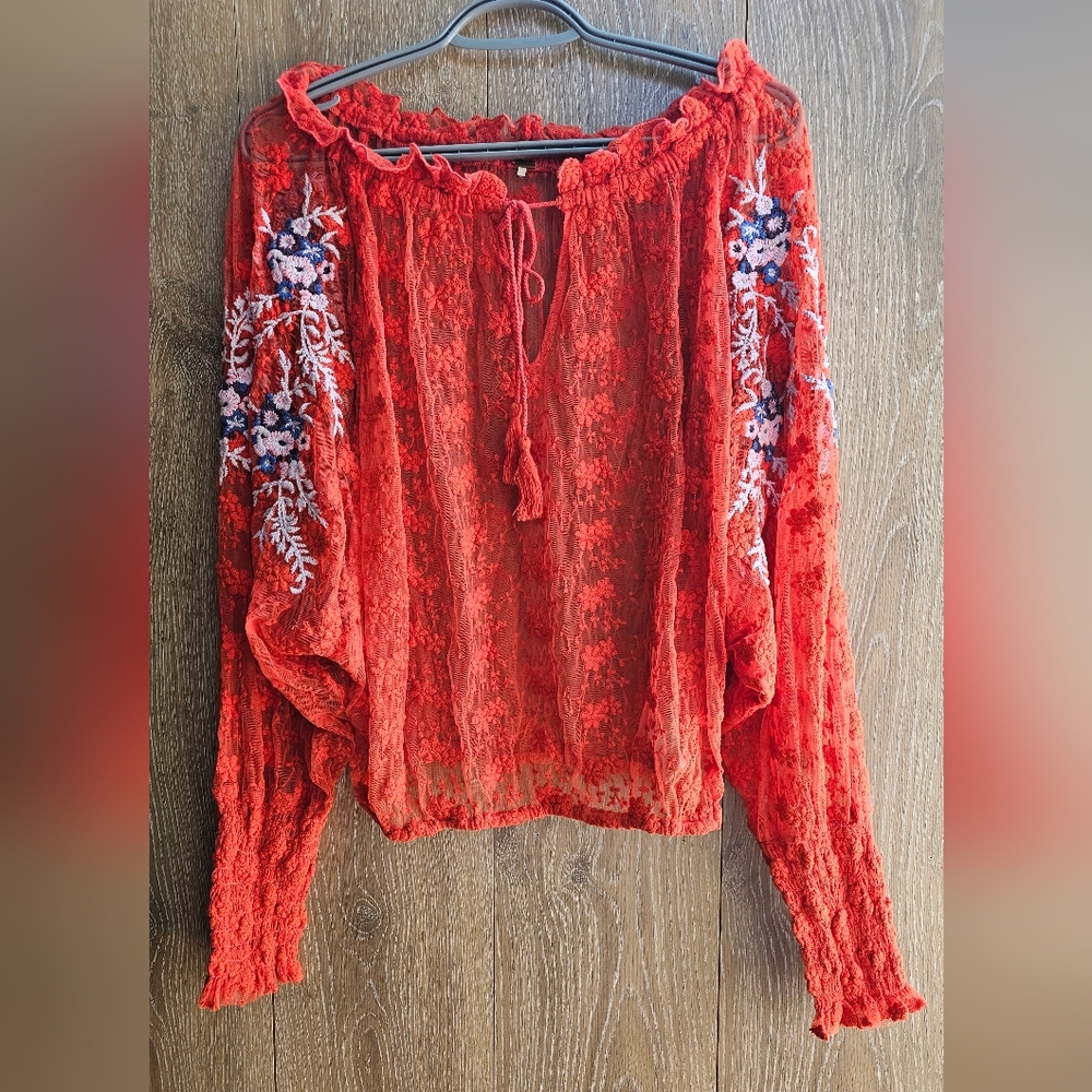 Free People Vibrant Red Lace Blouse